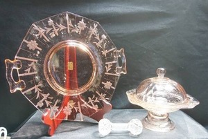 lot 206 image: Crystal Glass Baby Rattle, Pink Depression Glass Plate Serving Dish wHandles, Covered Candy Dish