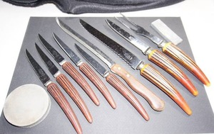 lot 207 image: Vintage Regent Sheffield Cutlery Knives Meat Fork Stainless Steel Faux Wood England R Crest...