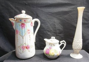 lot 208 image: Fine Porcelain Vintage Lenox Florentine Porcelain Bud Vase Floral Pattern, Antique Unmarked Victorian Creamer Covered Pitcher Floral Roses, Antique Porcelain Covered Chocolate Coffee Tea Pot Hand Painted Pink Blue Flowers