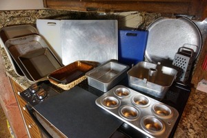 lot 232 image: Bakeware from the Kitchen Cupboard Including Muffin Popover Angel Food Cookie Cake Pans Etc