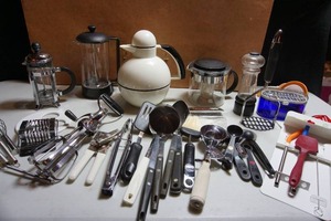 lot 231 image: The Kitchen Necessities and More Drawer Including BODUM Bistro 1990s French Press Coffee Maker Danish Design, Bodum French Press Coffee Maker,  STUDIO NOVA Spectra White Black Thermal Coffee Carafe Post Modern Bulbous...