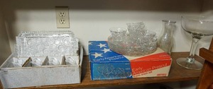 lot 229 image: Vintage Snack Set Anchor Hocking Colonial Lady Circles Clear Glass 1950s, Early American 8-pc Set and extras, Princess House() Large Pedestal Margarita Glass Compote.