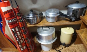 lot 234 image: Vintage Kitchen Cookware Including Sunbeam Deep Fryer, Westbend Coffee Maker, Regal Ware Aluminum Covered Cake Pan Server, Pressure Cooker, Covered Roaster and...