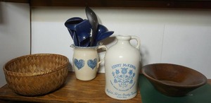 lot 235 image: Vintage Henry Mckenna Hand Made Kentucky Whiskey Crock Jug, Heart Sponge-Art Pottery Pitcher, Beautiful Hand-Made Wood Bowl and Basket...