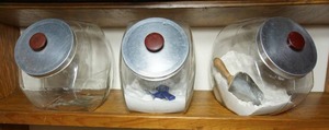 lot 236 image: Vintage Slant Clear Canister Storage Bins Jars wLids...