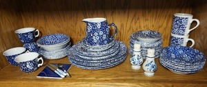 lot 260 image: Holland Scandinavian Dish Set and Service-Ware wAccessories Burleigh Calico Blue White Made in Staffordshire England Floral Dishes Chintz Cottage Core English Ceramics