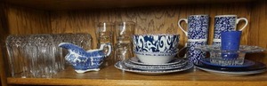 lot 261 image: Holland Scandinavian Service-Ware Queens Malaysia Blue White England Floral Dishes Longchamp Crystal Glasses Etc.