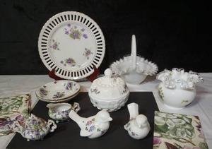 lot 285 image: Collectible Glass Hand-Painted Fenton Silver Crest Violets Bowl Basket Birds Covered Candy Dish Japan Articulated Cabinet Plate Etc.
