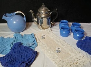 lot 287 image: Collectible Tableware Service-ware Hall Superior Quality Kitchenware Blue Ball Pitcher Rose Parade 633 Vintage Silver Teapot Crocheted Cloths Embroidered Table Linen