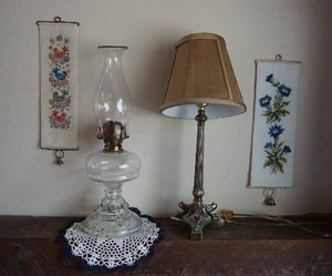 lot 106 image: Vintage Collection Cobalt Blue Cut Glass, Hurricane Lamp, Brass-Style Table Lamp. Table Linen Etc.