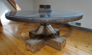 lot 305 image: Antique Wagon Wheel Accent Statement Glass-Top SPINNING Table Custom-Made