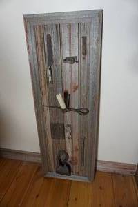 lot 312 image: Custom Barn Wood Wall Hanging Hanged-Forged Tools Etc.