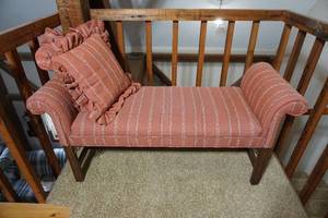 lot 336 image: Vintage Furniture...Settee Vanity Bench Upholstered Rolled Arms Country French Theme wCarved Fretwork Legs...