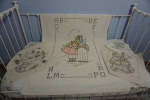 lot 341 image: Vintage Linen Textile Baby Bed Crib Embroidered Pillow Slip and Sheet....