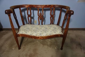 lot 366 image: Antique Furniture...Beautiful Early 1900s Carved Mahogany() Settee with Upholstered and Tacked Seat