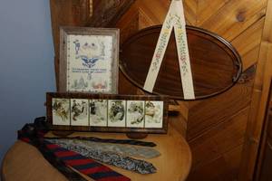 lot 379 image: Home DeCor...Vintage Wall Art and More Including Textile Needle Work Americana My Country Tis of Thee, Sweet Home of Liberty Framed Cross-Stitch