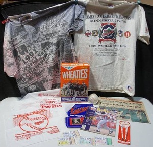 lot 381 image: Sports Memorabilia...Minnesota Twins World Series 1965 Game Tickets Baseball Jersey Signed Baseball Wheaties Banner Handkerchief Ink Pen 2-Pk Magazine