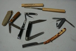 lot 412 image: Collectible Pocket Knives Including Reinhard Brothers Co. Cal Jensen Encased in Wood Floating Fishermans Fishing Knife, Sharp-Edge Straight Razor Etc.