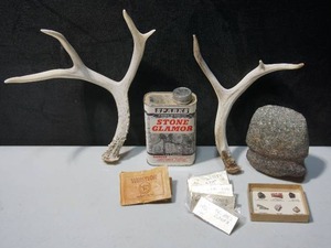 lot 418 image: Collectible Vintage Minnesota Six-Mineral Identification Kit, Antlers, Unique Full Groove Axe Square-Style Stone, Vintage Stone Glamour Tin, PSI Quarry Chapter Name Tags Etc.