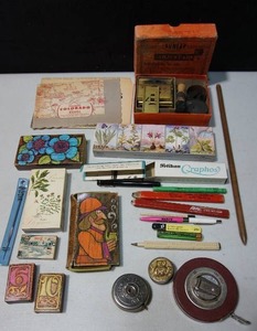 lot 419 image: Collectible Dunlap Adjustable Interlocking Stencil Set,  Match Books, Pencils, Tape Measure Etc.