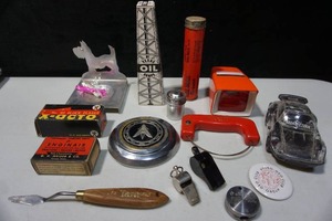 lot 430 image: A Whole Lot of Collectibles Including 1972 AMC Hornet Chrome Gas Cap, Vintage Metal Whistles, Car Candy Dispenser and More
