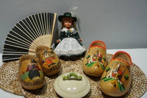 lot 436 image: Vintage Collectibles Including Dutch Hand-Painted Hand-Carved Wooden Clogs Shoes, Austrian Doll Etc.
