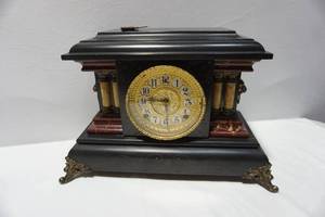 lot 454 image: Antique Mantel Clock Lion Head Ring Handles Ornate Clock Face Marble-Style Pillars wKey