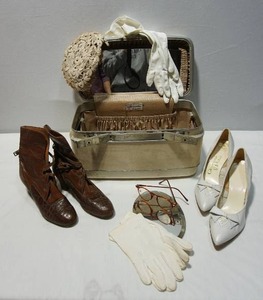 lot 457 image: Vintage Train Suitcase, Ladies Shoes, Gloves, Hair Piece Etc.