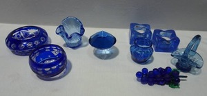 lot 459 image: Collectible Glass Cobalt Blue Etched Fluted Bowl Candy Trinket Grapes Basket Diamond Prism etc.