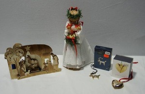 lot 460 image: Holiday DeCor Christmas Denmark Danish Natural St. Lucia, Georg Jensen Gold Heart Ornament, Rosendahl Copenhagen Karen Blixens Jul Gold Reindeer, Wheat Straw Nativity Bangladesh