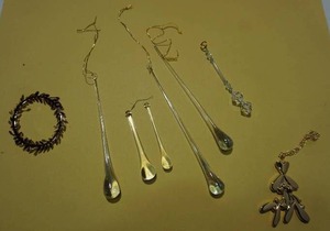 lot 465 image: Collectible Vintage Holiday Ornaments Georg Jensen Gold Mistletoe Wreath Crystal Raindrops etc.