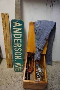 lot 592 image: Vintage Yard Stick, Sign, Shoe Shining Kit