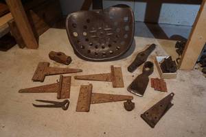 lot 652 image: Antique barn, hardware, iron, hinges, tractor seat, etc.