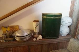 lot 666 image: Vintage Light Shades, Trash Bin, Pinecone Pottery Vase, Aluminum Casserole Etc.