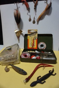 lot 608 image: The Fishermans LotVintage Fishing Tackle Including Rubber Tackle, Tin Pocket Tackle Box, Marathon Muskie Hawk-Spin and more