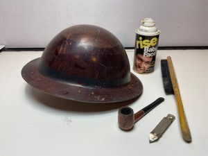 lot 575 image: Vintage BF McDonald Co. Full Brim Hard Hat Fiberglass wLiner, Thermofilter Imported Briar Pipe, Schell Beer Bottle Opener Etc