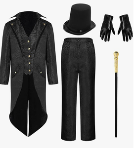 5 Pcs Mens Steampunk Vintage Tailcoat Jacket Halloween Costume Set Top Hat Gold Walking Cane, Size Medium