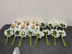 Lot of 6 Gold Centerpieces with 12 White Faux Flower Bundles