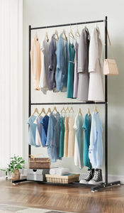 Clothes Rack Double Rod Clothing Rack,Metal Garment Rack with Bottom Storage,Carbon Steel Black
