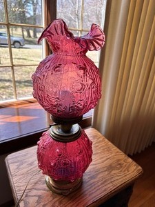 lot 5 image: Vintage Fenton Cranberrry Cabbage Rose Gone with the Wind Lamp with 2 Tier  Electric Lamp. Lights in the bottom as a night light or the top or both.  Approximately 22 Tall