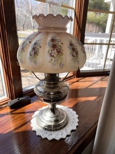 lot 7 image: Gone with the Wind Electric Lamp with Painted Shade and Chrome Base - Measuring appr 22 H