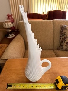 lot 29 image: Vintage White Milk Glass Fenton Hobnail Tall Swung Shape Pitcher Vase