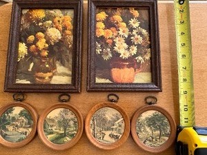 lot 31 image: Vintage Wood Framed Prints Two Rectangle 5 x 7 and 4 Small Round Frames