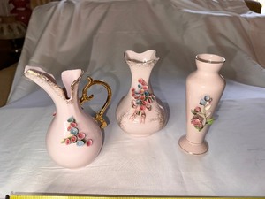 lot 38 image: Two Lefton Ceramic Vases with Pink Flowers and One Pitcher