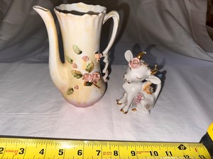 lot 39 image: Vintage Tilso Japan Vase Numbered 52141 and Vintage White and Gold Cow Bull Fancy Figurine