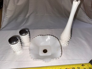 lot 42 image: Vintage Fenton Hobnail White Milk Glass Dish with Ruffle Edge, Hobnail Swung Glass Bud Vase, and Salt and Pepper Shakers