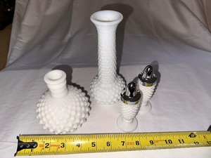 lot 41 image: Vintage Hobnail White Milk Glass Bud Vases and Hobnail Salt and Pepper Shaker