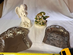 lot 43 image: Antique Vintage Aluminum Art Nouveau Crumb CatchersDust Pans, Gorham Art Hummingbird, and Angel Figurine