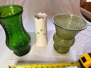 lot 44 image: MCM Vintage Emerald Green Leaves Pattern Vase, Beleek Castle Vase, and Textured Green Glared Vase