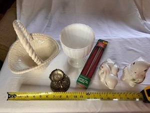 lot 56 image: Footed Milk Glass Compote, White Ceramic Basket, Ceramic Bunny Figurines, and Silver Candle Holder